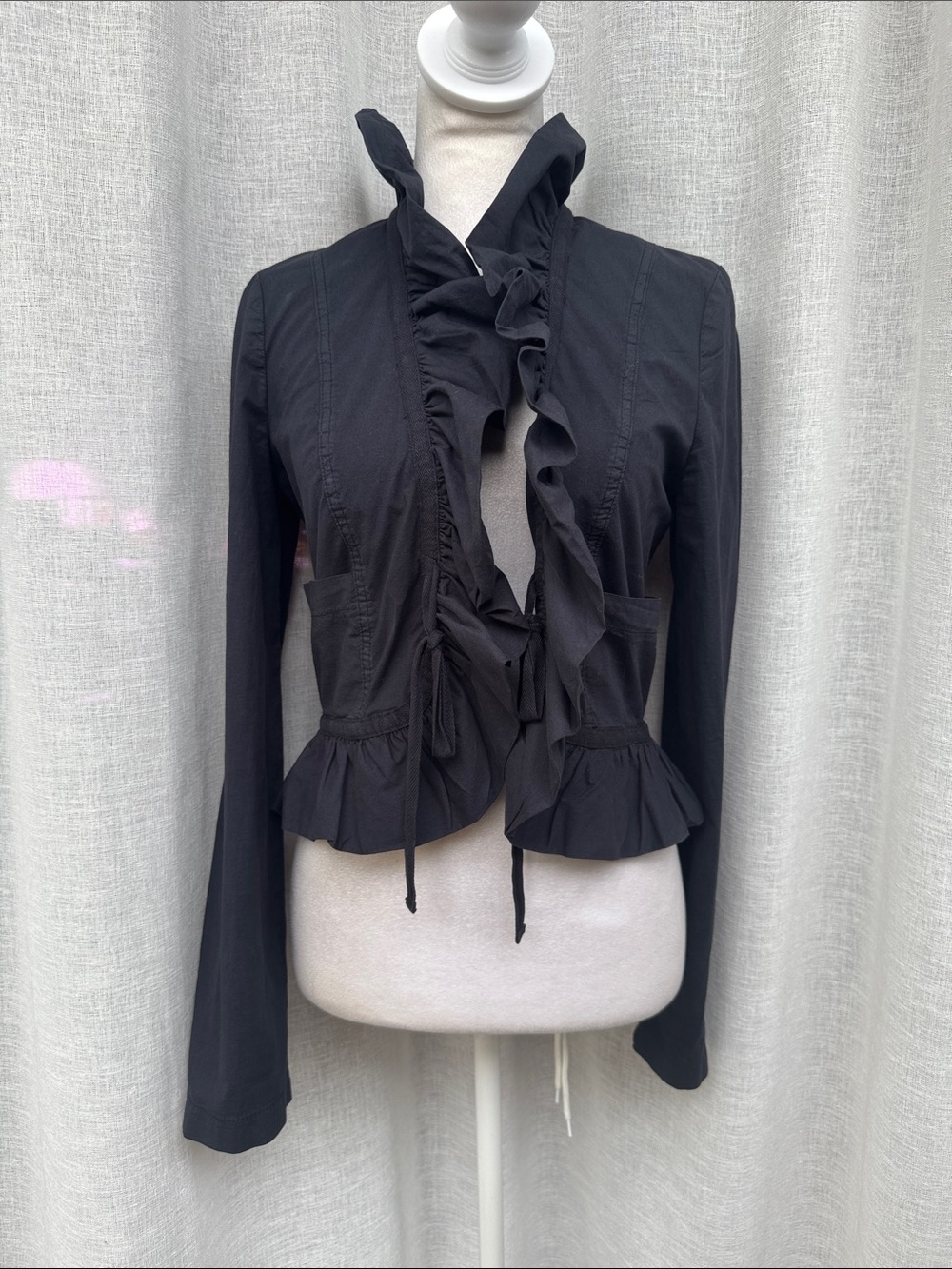 Y2K XCVI WEARABLES Jacket light black cotton Tie Closure, Ruffle Trim,